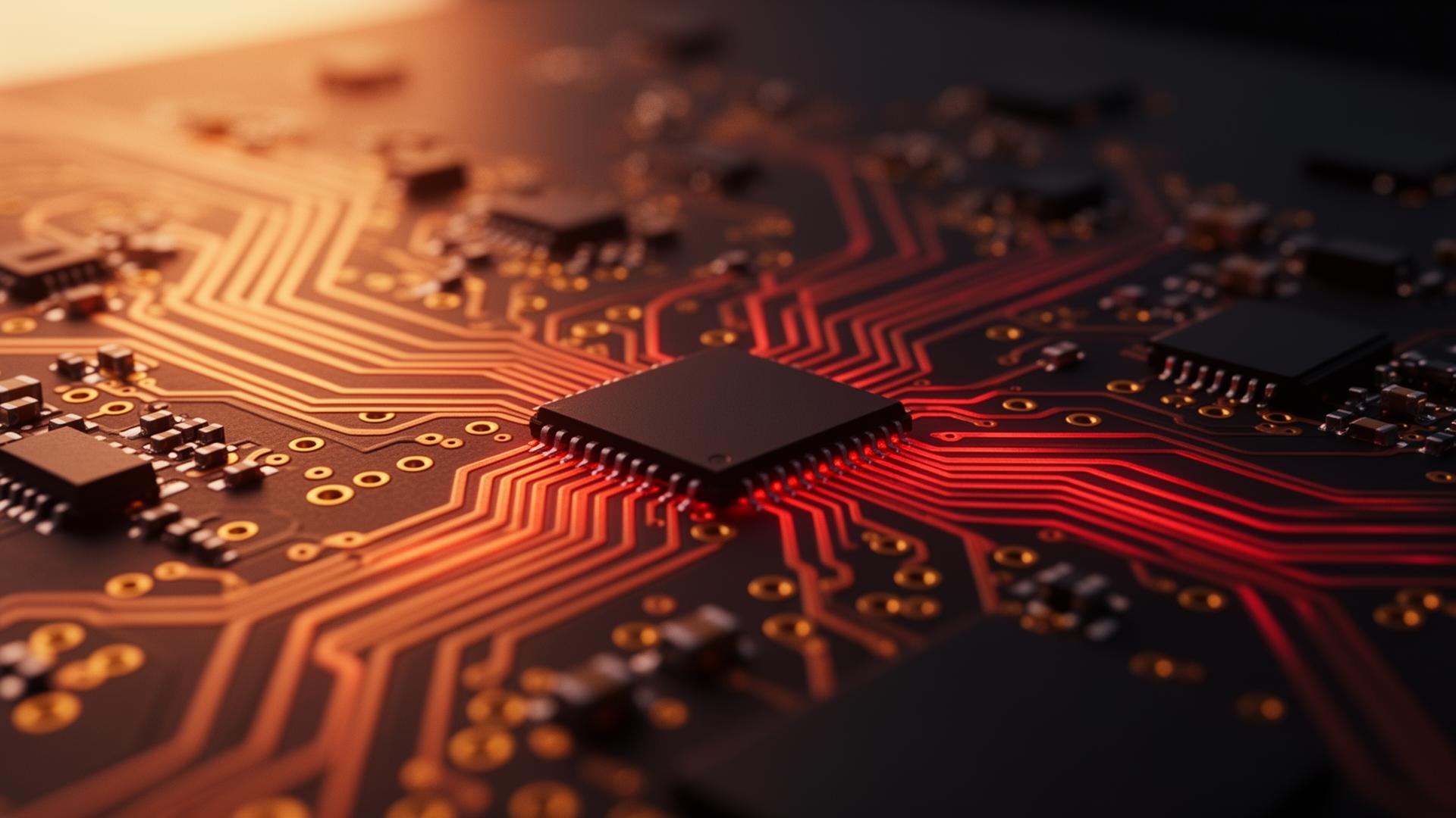 High-density PCB with glowing copper traces